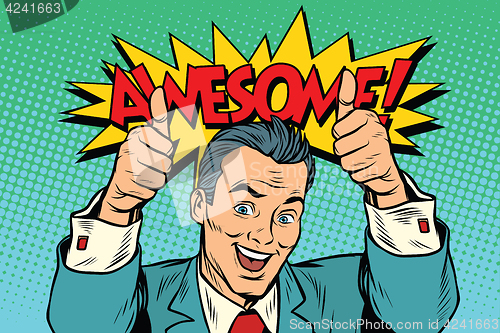 Image of awesome businessman two like gesture, thumb up