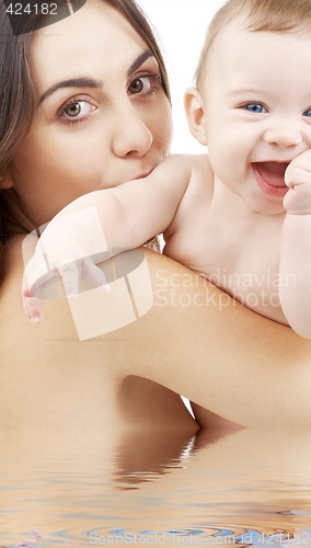 Image of baby boy and beautiful mama in water