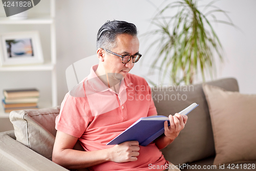 Image of man sitting on sofa and reading book at home