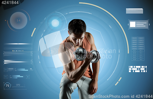 Image of young man exercising with dumbbell