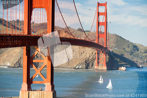 Image of Two Sailboats Golden Gate Bridge San Francisco Bay California