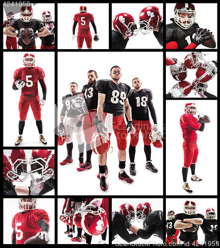 Image of The four american football players posing with ball on white background