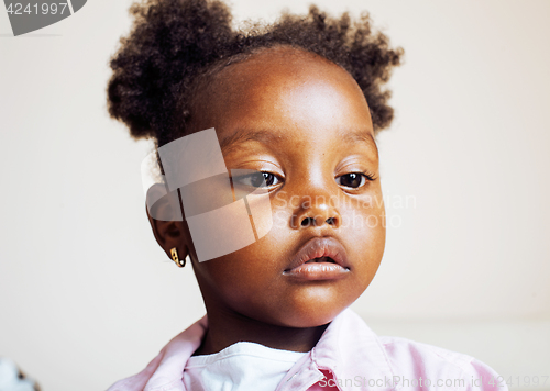 Image of little cute african american girl playing with animal toys at ho