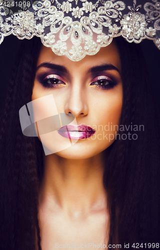 Image of beauty young woman throw white lace close up, bride under veil, 