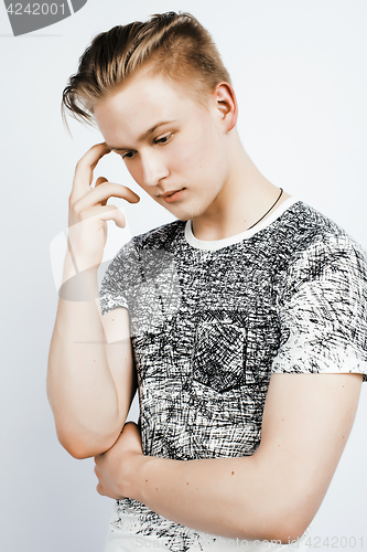 Image of young handsome teenage hipster guy posing emotional, happy smiling against white background isolated, lifestyle people concept closeup