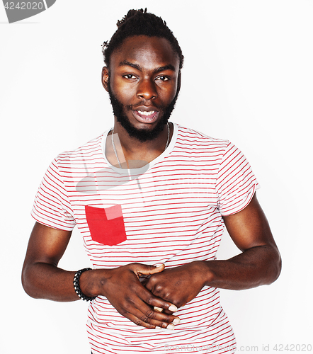 Image of young handsome afro american boy stylish hipster gesturing emotional isolated on white background smiling, people lifestyle concept