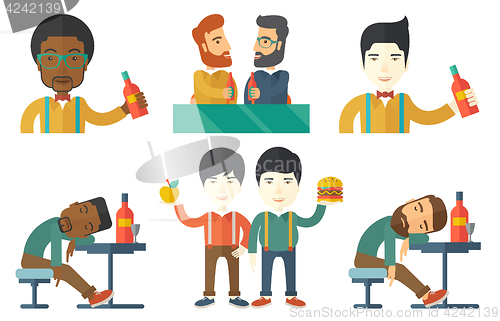 Image of Vector set of people eating and drinking.