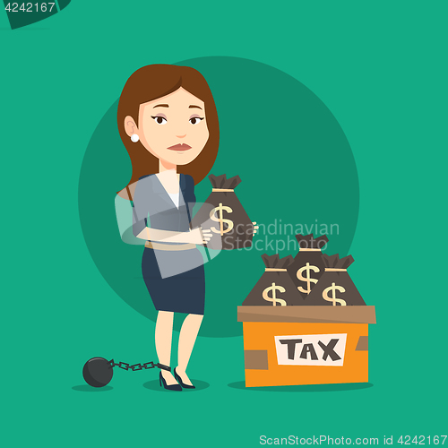 Image of Chained woman with bags full of taxes.