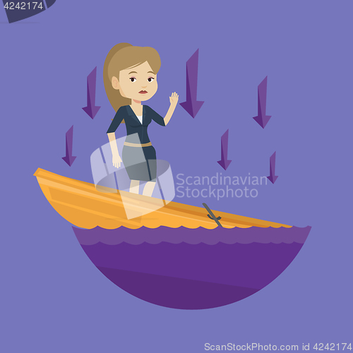 Image of Business woman standing in sinking boat.