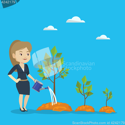 Image of Business woman watering trees vector illustration.