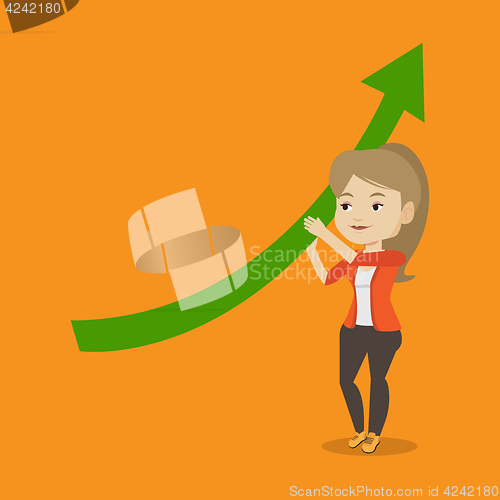 Image of Business woman holding arrow going up.