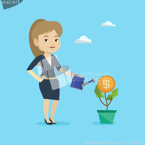 Image of Business woman watering money flower.