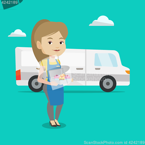 Image of Baker delivering cakes vector illustration.