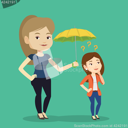 Image of Businesswoman holding umbrella over woman.