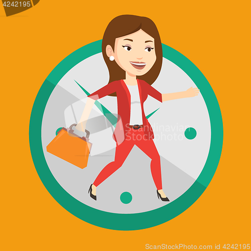 Image of Business woman running on clock background.