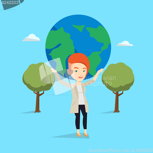 Image of Business woman holding globe vector illustration.