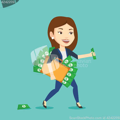 Image of Business woman with briefcase full of money.