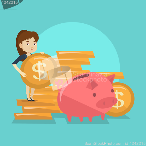 Image of Business woman putting coin in piggy bank.
