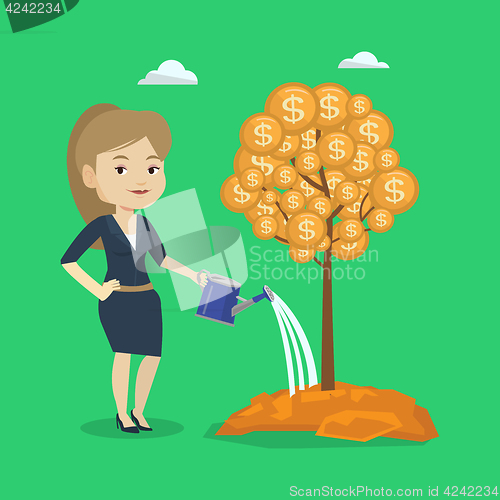 Image of Woman watering money tree vector illustration.