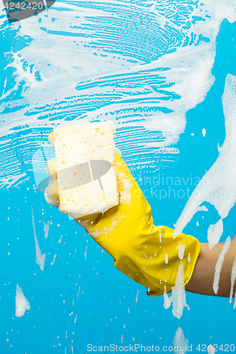 Image of Man washes window with sponge