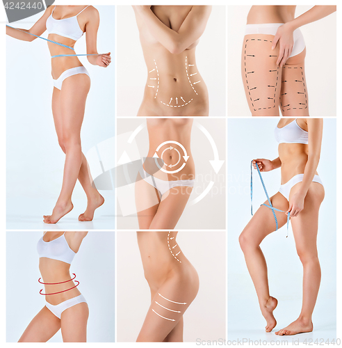 Image of Collage of female body with the drawing arrows