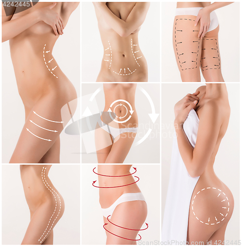 Image of Collage of female body with the drawing arrows