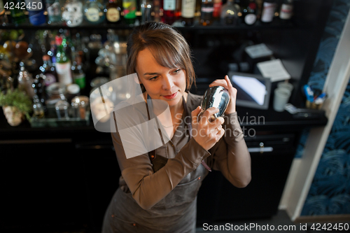 Image of barmaid with shaker preparing cocktail at bar