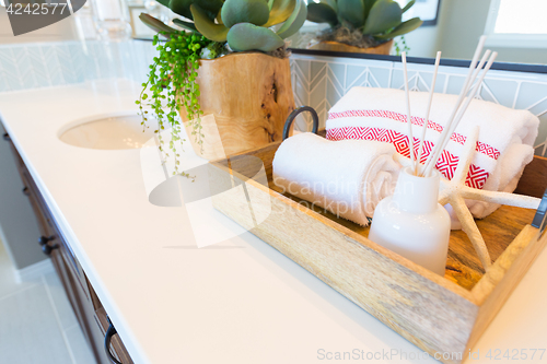 Image of New Modern Bathroom with Tile Backsplash Decorations.