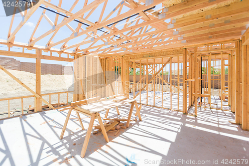 Image of Wood Home Framing Abstract At Construction Site.