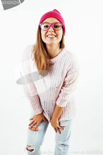 Image of young pretty teenage hipster girl posing emotional happy smiling on white background, lifestyle people concept 