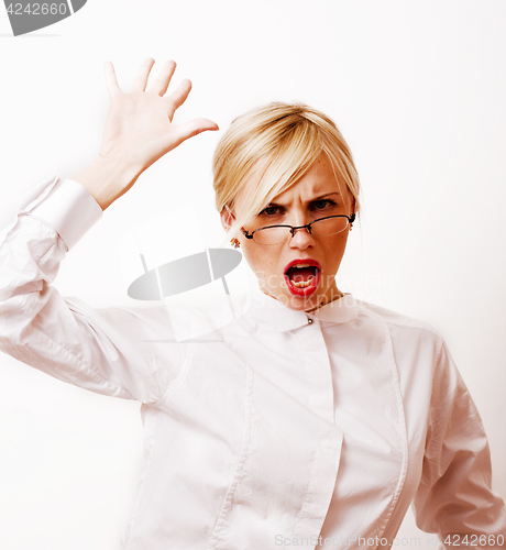 Image of very emotional businesswoman in glasses, blond hair on white bac