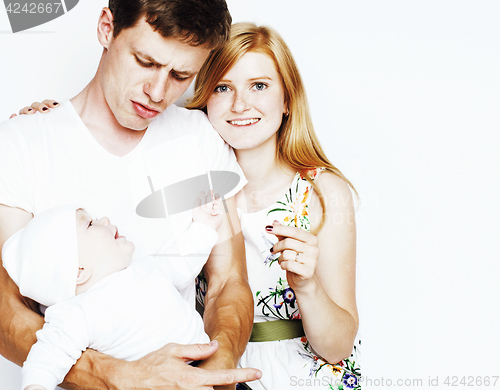 Image of young cute happy modern family, mother father son isolated on wh