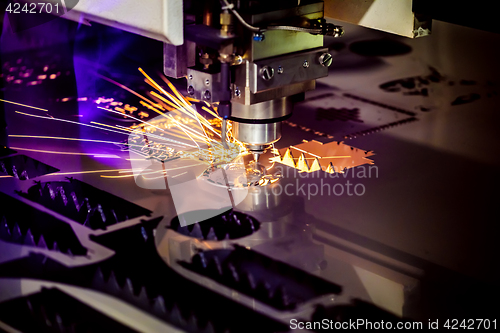 Image of CNC Laser cutting of metal, modern industrial technology.