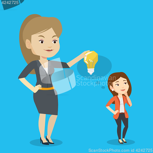 Image of Business woman giving idea bulb to her partner.