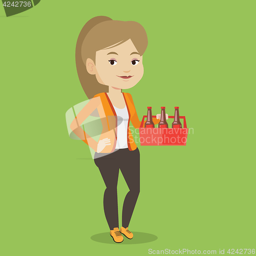 Image of Woman with pack of beer vector illustration.