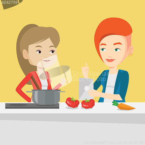 Image of Women cooking healthy vegetable meal.