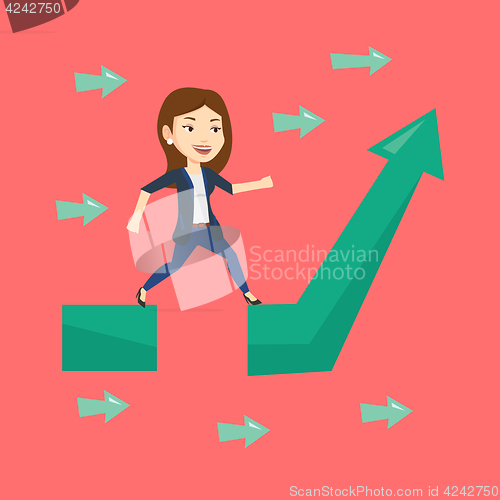 Image of Business woman jumping over gap on arrow going up.