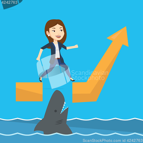 Image of Business woman jumping over ocean with shark.