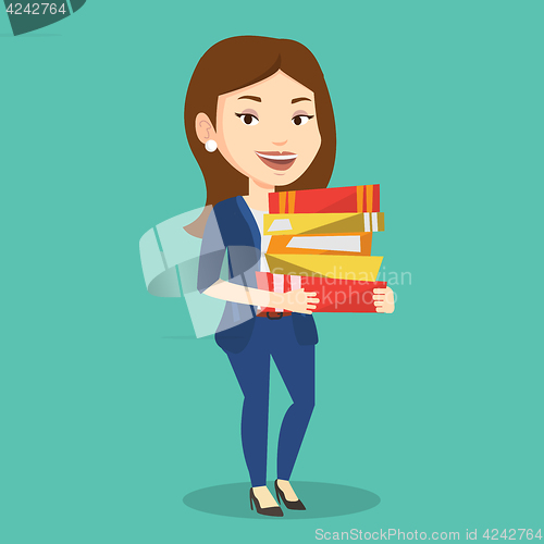 Image of Woman holding pile of books vector illustration.