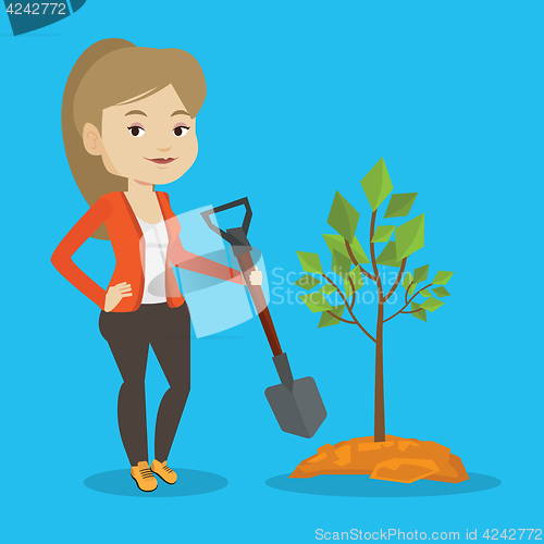 Image of Woman plants tree vector illustration.