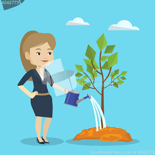 Image of Woman watering tree vector illustration.