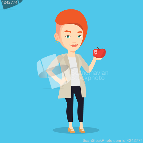 Image of Young woman holding apple vector illustration.