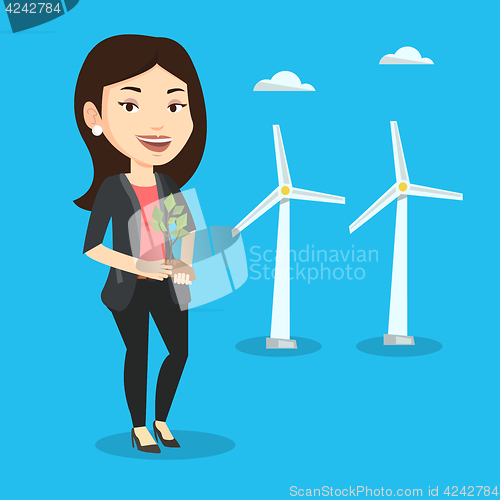 Image of Woman holding small plant vector illustration.