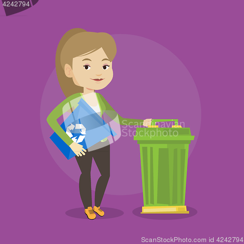 Image of Woman with recycle bin and trash can.
