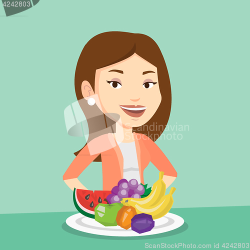 Image of Woman with fresh fruits vector illustration.