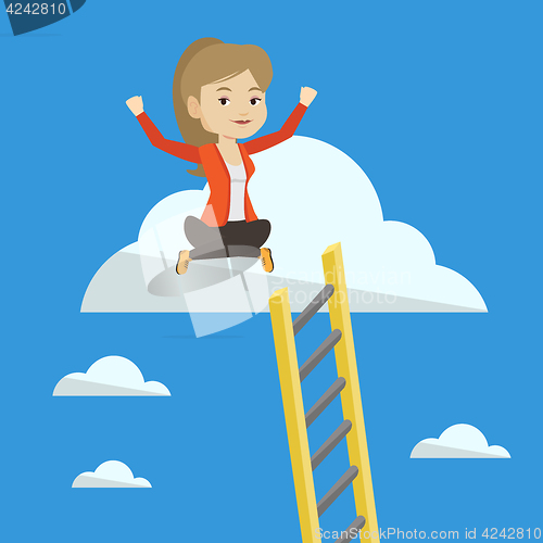 Image of Happy business woman sitting on the cloud.