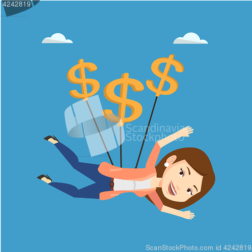 Image of Business woman flying with dollar signs.