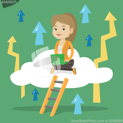 Image of Business woman sitting on cloud with laptop.