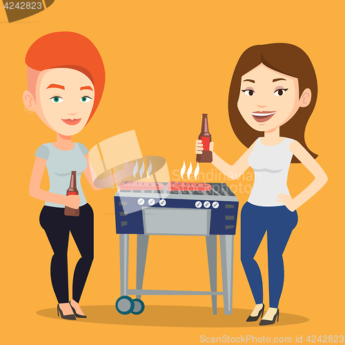 Image of Caucasian friends having fun at barbecue party.