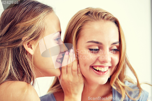 Image of happy young women whispering gossip at home